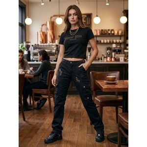Robins Jean Womens Cargo Pants Black Gold Wing Embroidery Utility Made USA 26